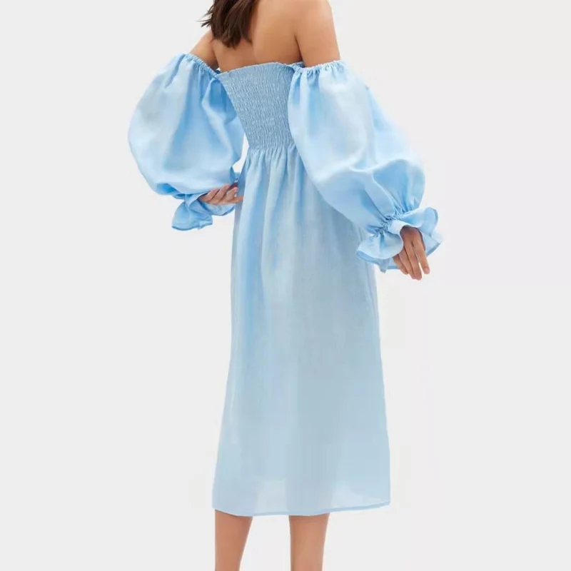 Damen Maxikleid mit Puffärmeln und elastischem Taillenbund