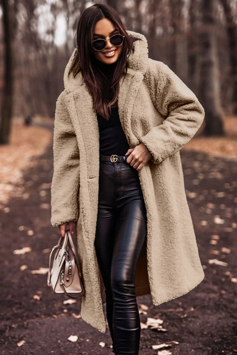 Damen Teddy Winterjacke Lang mit Kapuze und Weichem Futter