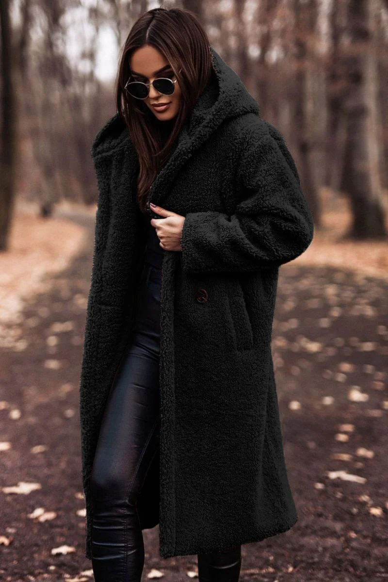Damen Teddy Winterjacke Lang mit Kapuze und Weichem Futter