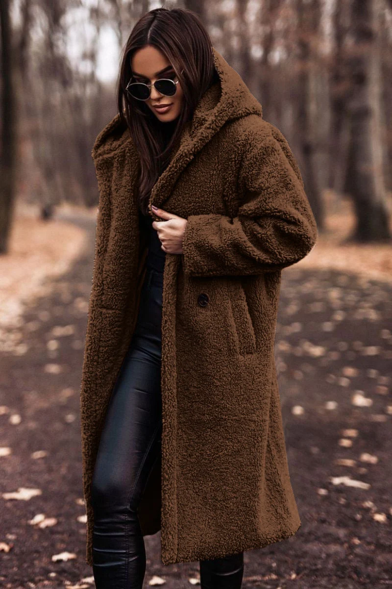 Damen Teddy Winterjacke Lang mit Kapuze und Weichem Futter