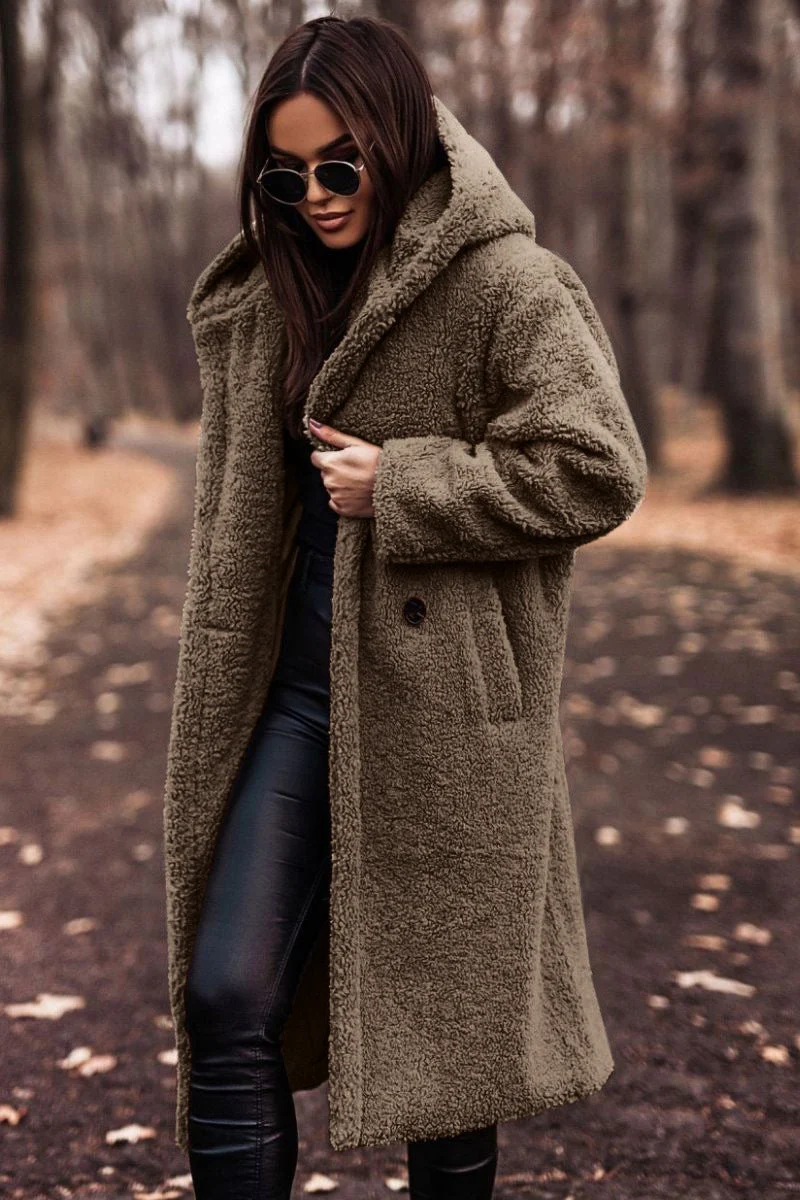 Damen Teddy Winterjacke Lang mit Kapuze und Weichem Futter