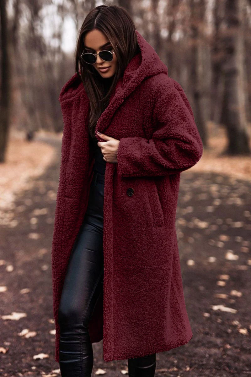 Damen Teddy Winterjacke Lang mit Kapuze und Weichem Futter