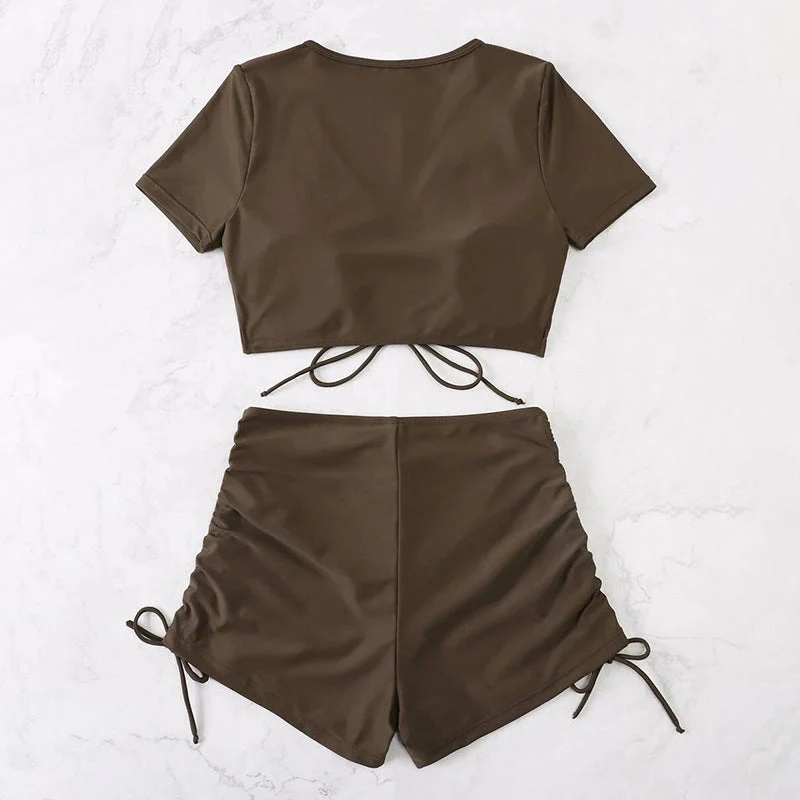 Damen Crop-Top Bikini-Set mit verstellbaren Rüschen und hoch tailliertem Slip