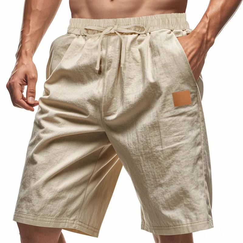 Herren nan leichte Freizeit-Bermudashorts mit Elastikbund, Kordelzug und dezenter Lederapplikation