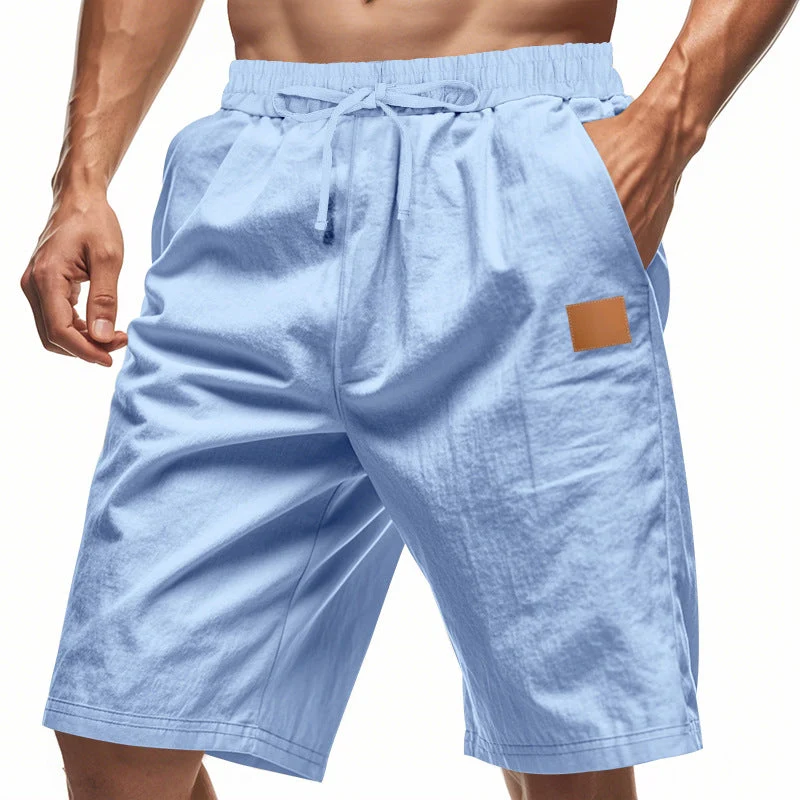 Herren nan leichte Freizeit-Bermudashorts mit Elastikbund, Kordelzug und dezenter Lederapplikation