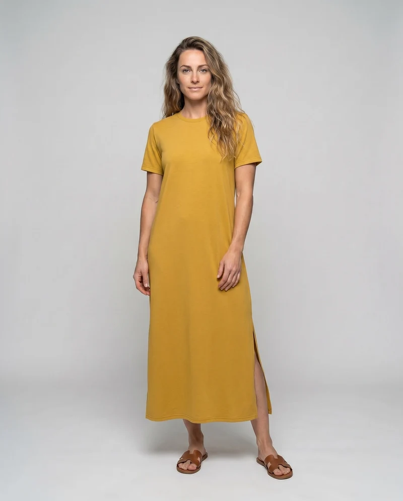 Damen lässiges Midikleid aus feiner Baumwollmischung mit seitlichem Schlitz
