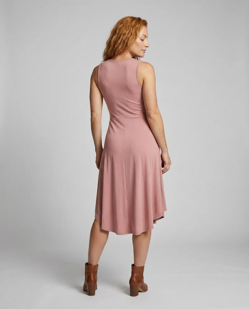 Damen nan ärmelloses Midikleid mit seitlicher Raffung, Taillen-Twist und asymmetrischem Saum