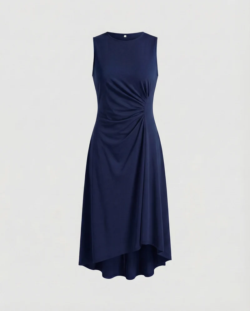 Damen nan ärmelloses Midikleid mit seitlicher Raffung, Taillen-Twist und asymmetrischem Saum