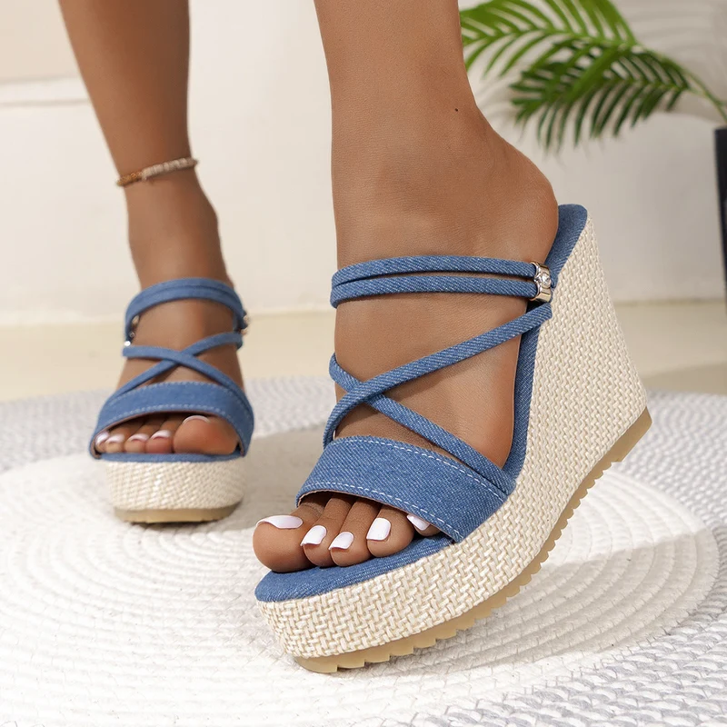 Damen Wedge-Pantoletten mit geflochtenem Absatz