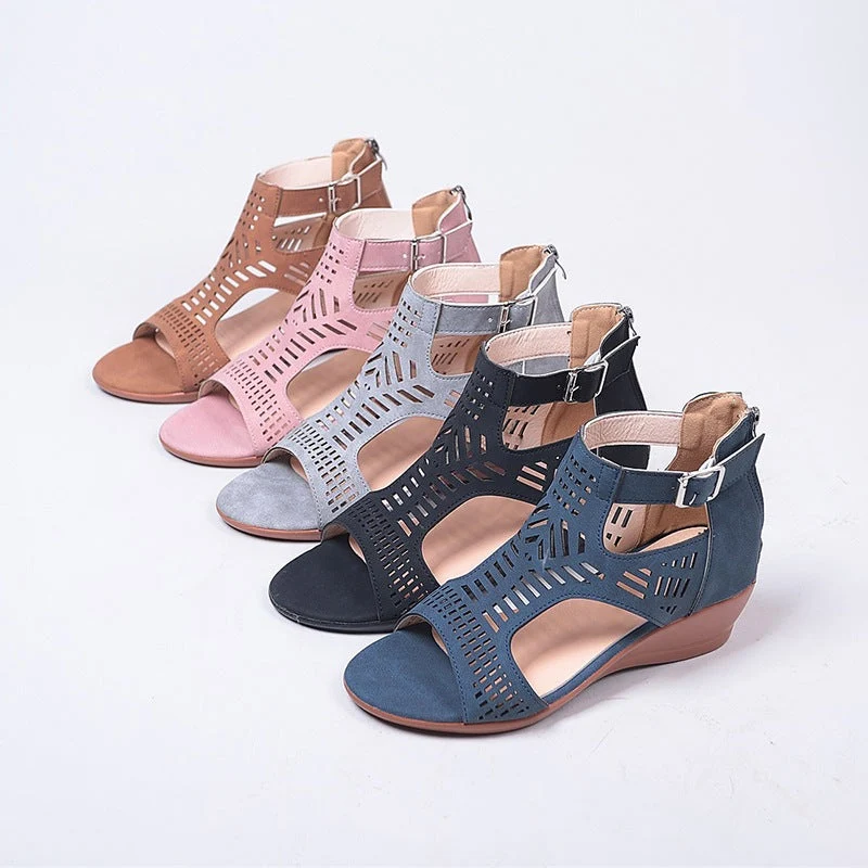 Damen Keil-Sandalen mit modischem Lochdesign und verstellbarem Riemen