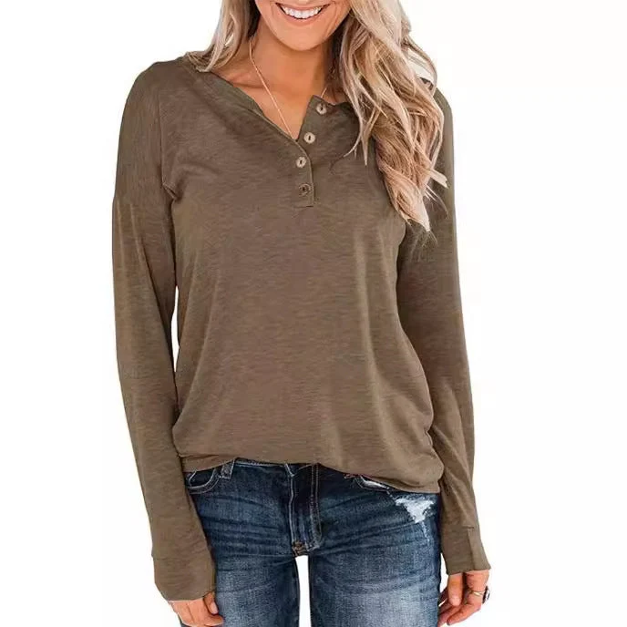Damen modisches Langarm-Henley-Shirt mit Knopfleiste