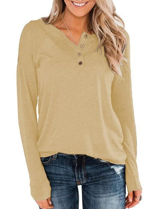 Damen modisches Langarm-Henley-Shirt mit Knopfleiste