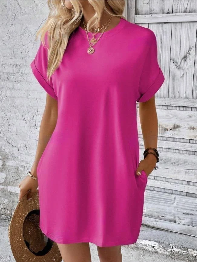 Lässiges einfarbiges Kleid mit Rundhalsausschnitt