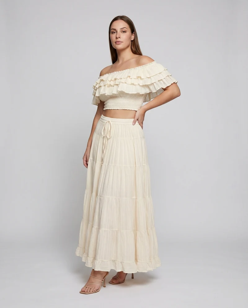 Damen Boho-Zweiteiler Carmen-Top Gestufter Maxirock