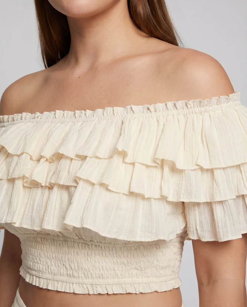 Damen Boho-Zweiteiler Carmen-Top Gestufter Maxirock