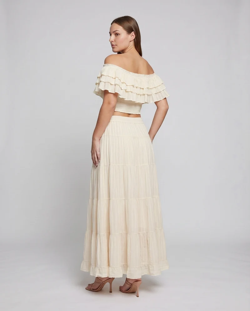Damen Boho-Zweiteiler Carmen-Top Gestufter Maxirock