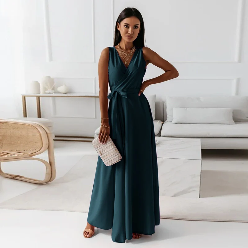 Damen Wickel-Maxikleid mit tiefem V-Ausschnitt und fließendem Schnitt