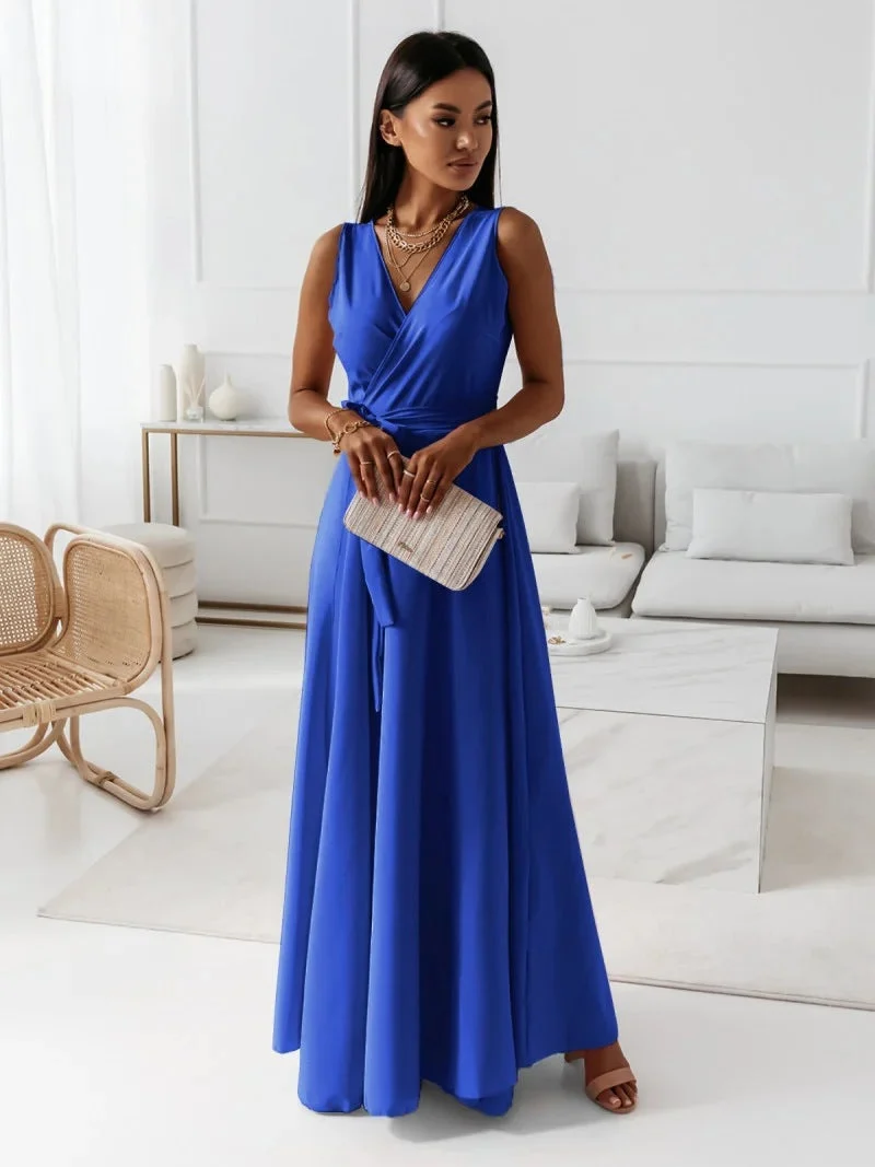 Damen Wickel-Maxikleid mit tiefem V-Ausschnitt und fließendem Schnitt