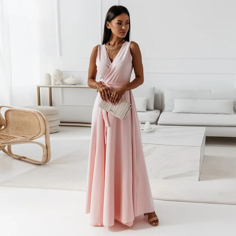 Damen Wickel-Maxikleid mit tiefem V-Ausschnitt und fließendem Schnitt