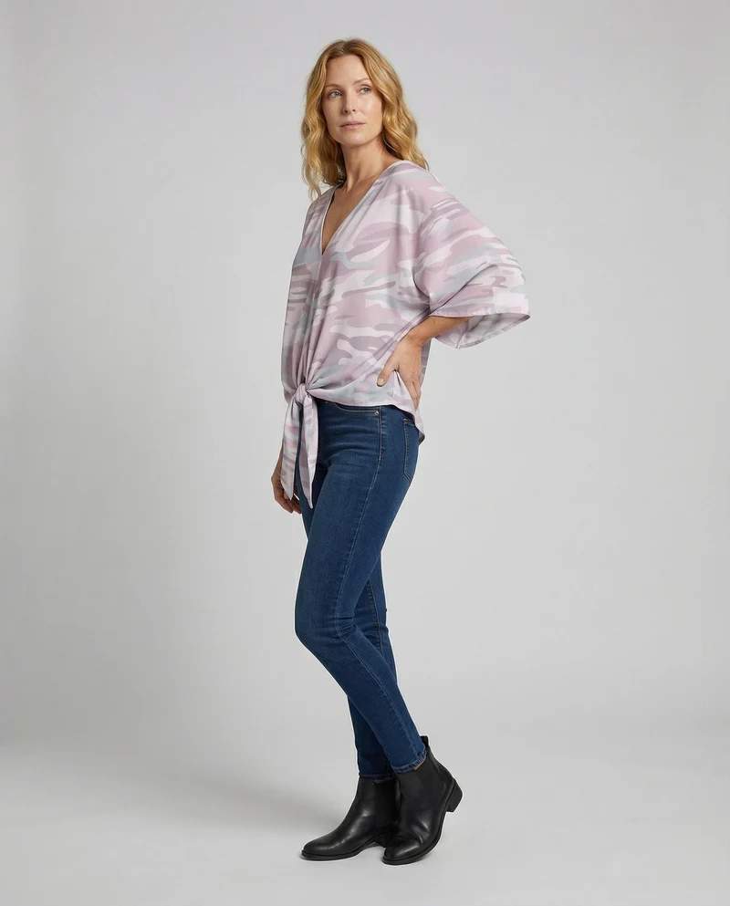 Damen florale V-Ausschnitt-Bluse mit Kimonoärmeln