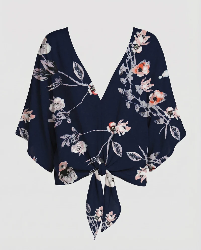 Damen florale V-Ausschnitt-Bluse mit Kimonoärmeln