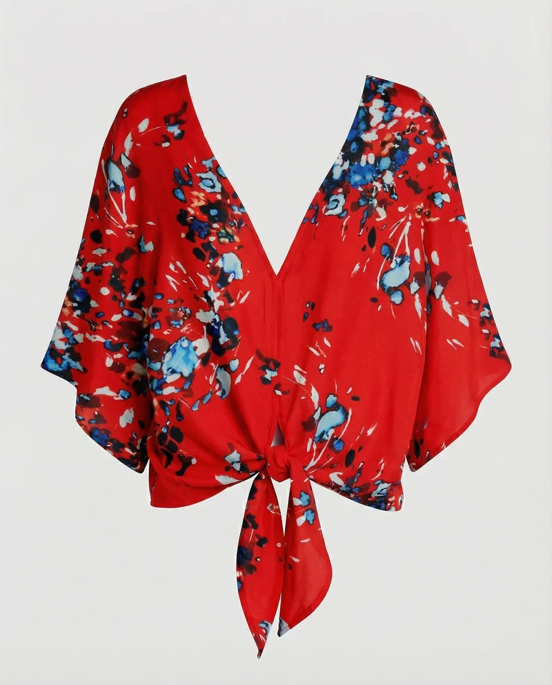 Damen florale V-Ausschnitt-Bluse mit Kimonoärmeln