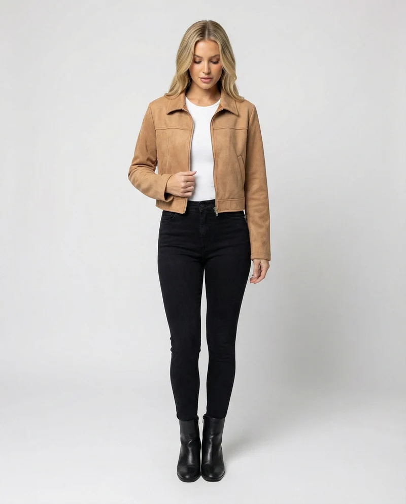 Damen Bekleidungsgeschäft kurz geschnittene Reißverschlussjacke mit Hemdkragen und taillierter Silhouette aus Wildlederimitat