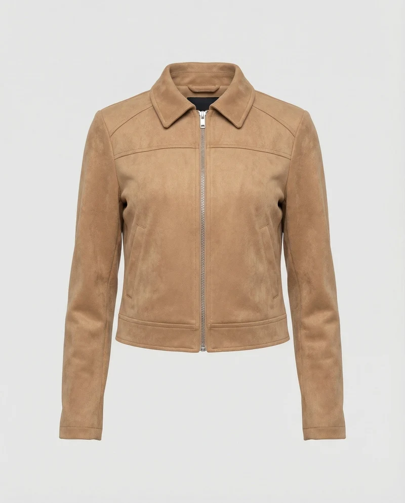 Damen Bekleidungsgeschäft kurz geschnittene Reißverschlussjacke mit Hemdkragen und taillierter Silhouette aus Wildlederimitat