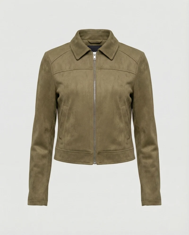 Damen Bekleidungsgeschäft kurz geschnittene Reißverschlussjacke mit Hemdkragen und taillierter Silhouette aus Wildlederimitat