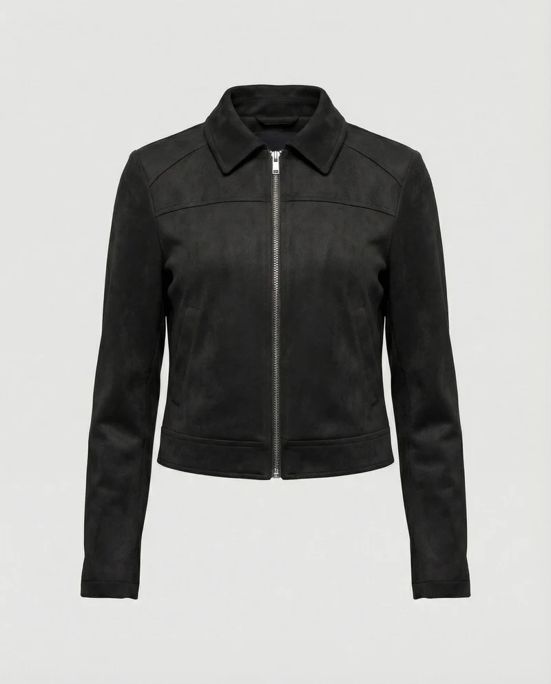 Damen Bekleidungsgeschäft kurz geschnittene Reißverschlussjacke mit Hemdkragen und taillierter Silhouette aus Wildlederimitat