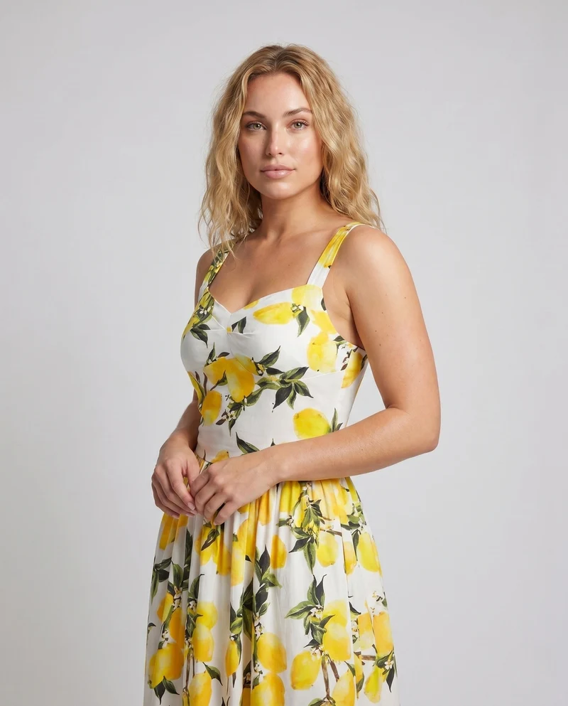 Damen Maxikleid mit erfrischendem Zitronenprint und schwingendem Saum