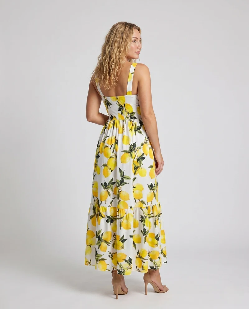 Damen Maxikleid mit erfrischendem Zitronenprint und schwingendem Saum
