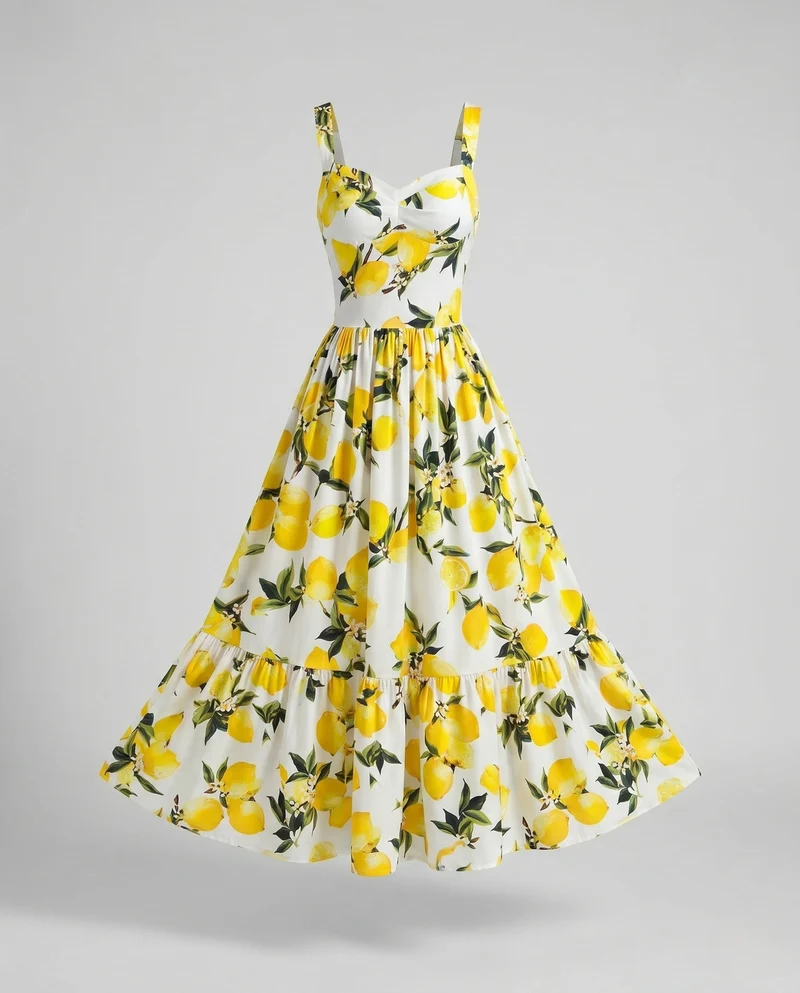 Damen Maxikleid mit erfrischendem Zitronenprint und schwingendem Saum