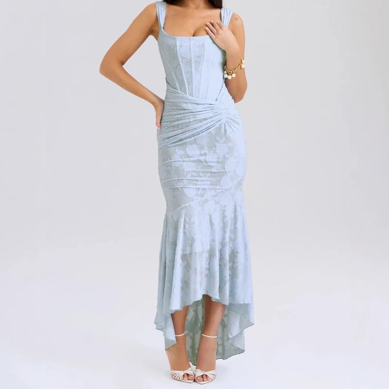 Damen Elegantes Spitzenkleid mit asymmetrischem Saum und gerafften Details