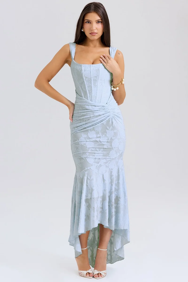 Damen Elegantes Spitzenkleid mit asymmetrischem Saum und gerafften Details