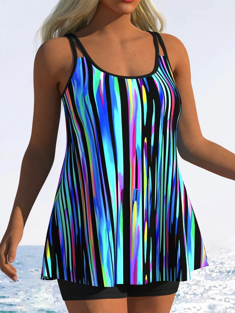Damen Tankini mit verspieltem Streifenmuster und originellem Schnitt
