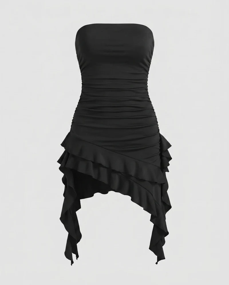 Damen Rüschensommerkleid mit figurbetonter Silhouette und schulterfreiem Design