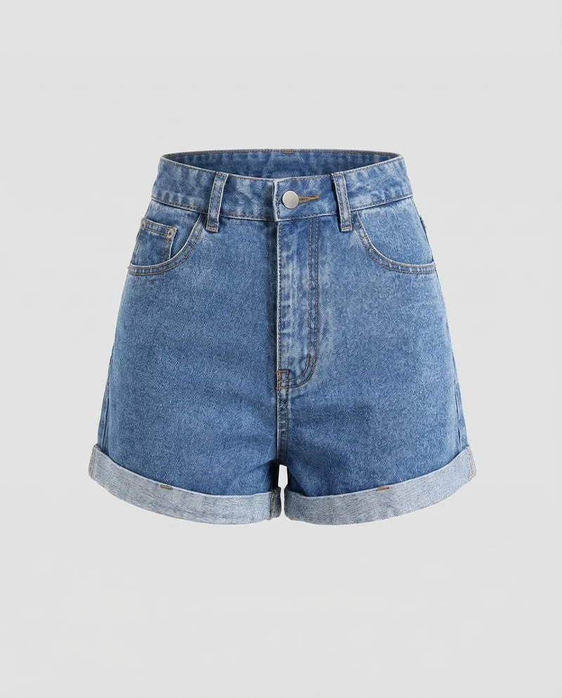 Damen Jeansshorts Umschlagsaum Hoher Bund