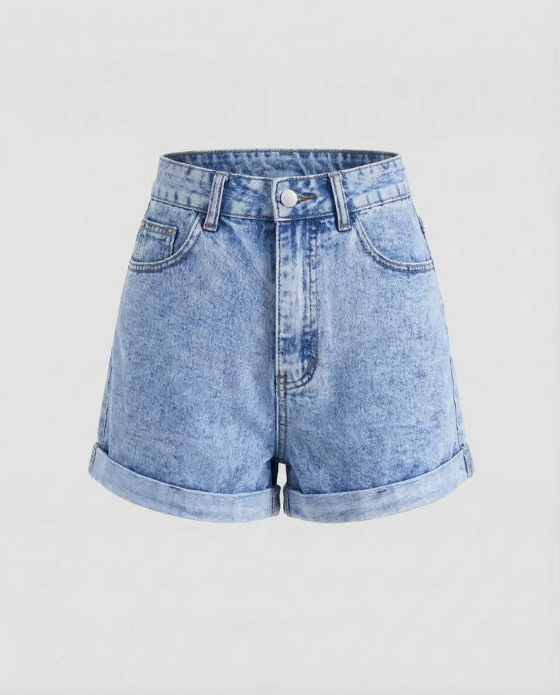 Damen Jeansshorts Umschlagsaum Hoher Bund