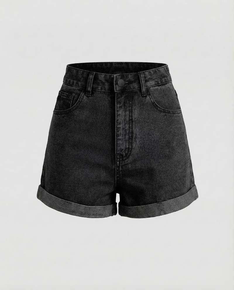 Damen Jeansshorts Umschlagsaum Hoher Bund