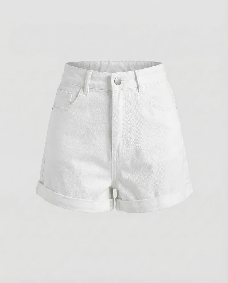 Damen Jeansshorts Umschlagsaum Hoher Bund