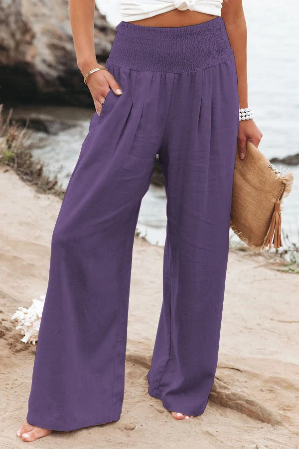 Damen Weite Leinenhose mit elastischem Bund und plissierten Details