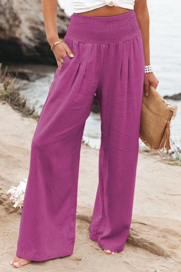 Damen Weite Leinenhose mit elastischem Bund und plissierten Details