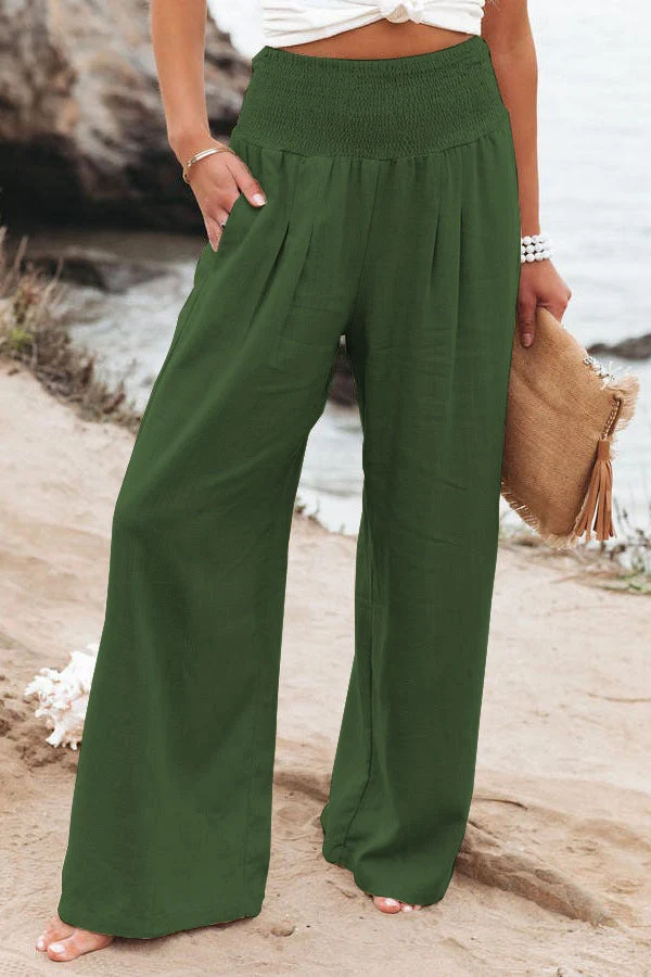 Damen Weite Leinenhose mit elastischem Bund und plissierten Details