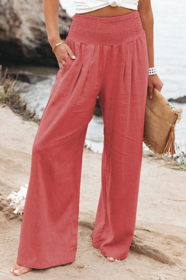 Damen Weite Leinenhose mit elastischem Bund und plissierten Details