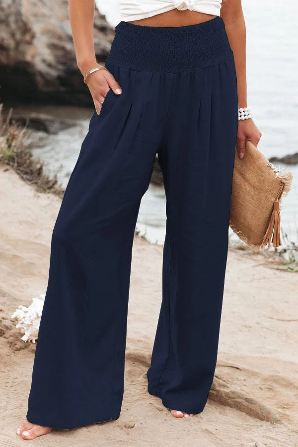 Damen Weite Leinenhose mit elastischem Bund und plissierten Details
