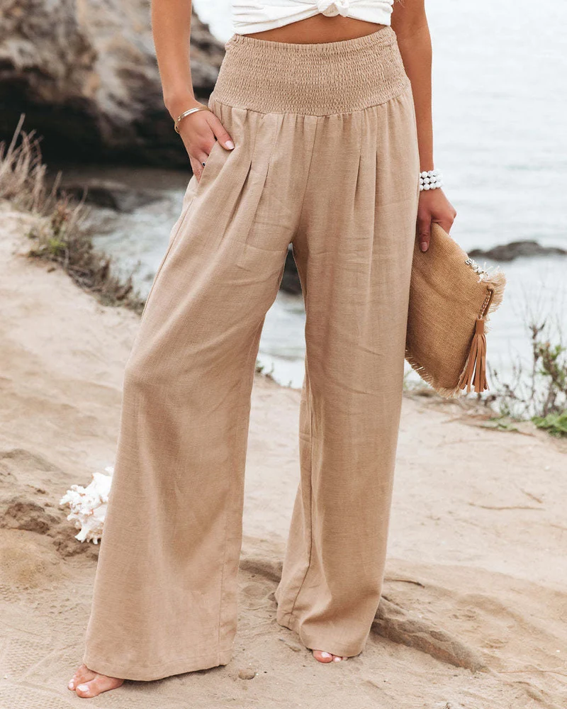 Damen Weite Leinenhose mit elastischem Bund und plissierten Details
