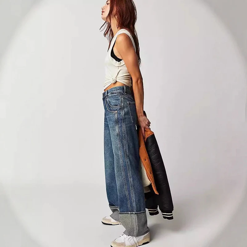 Damen Weite Jeans mit umgeschlagenem Saum
