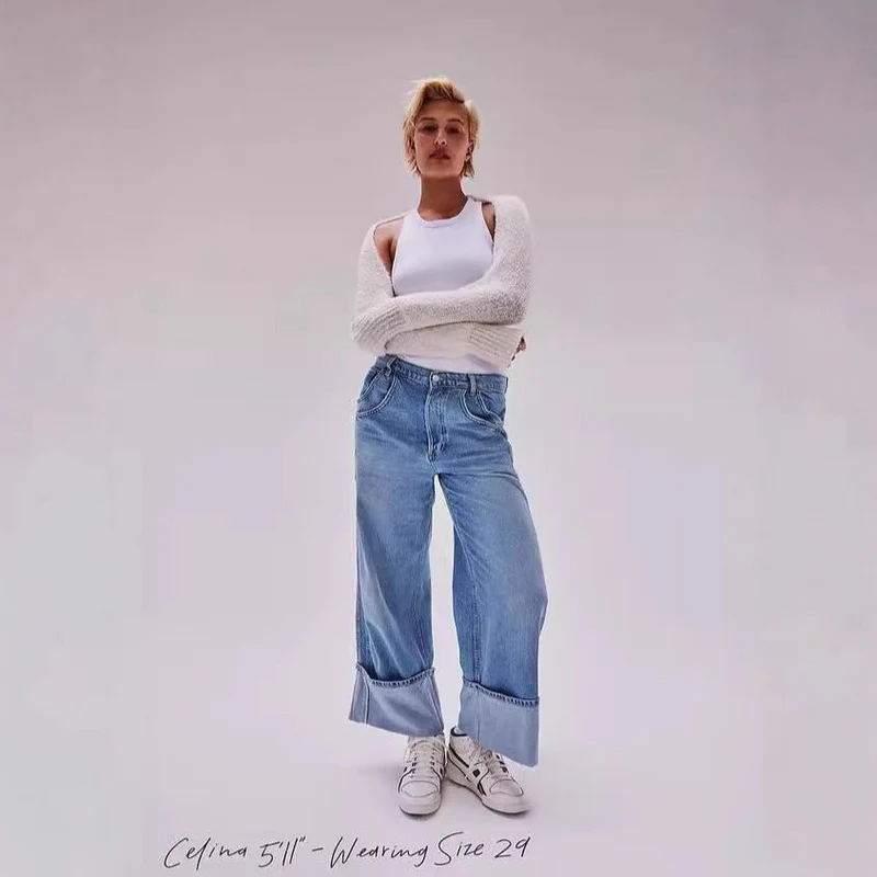 Damen Weite Jeans mit umgeschlagenem Saum