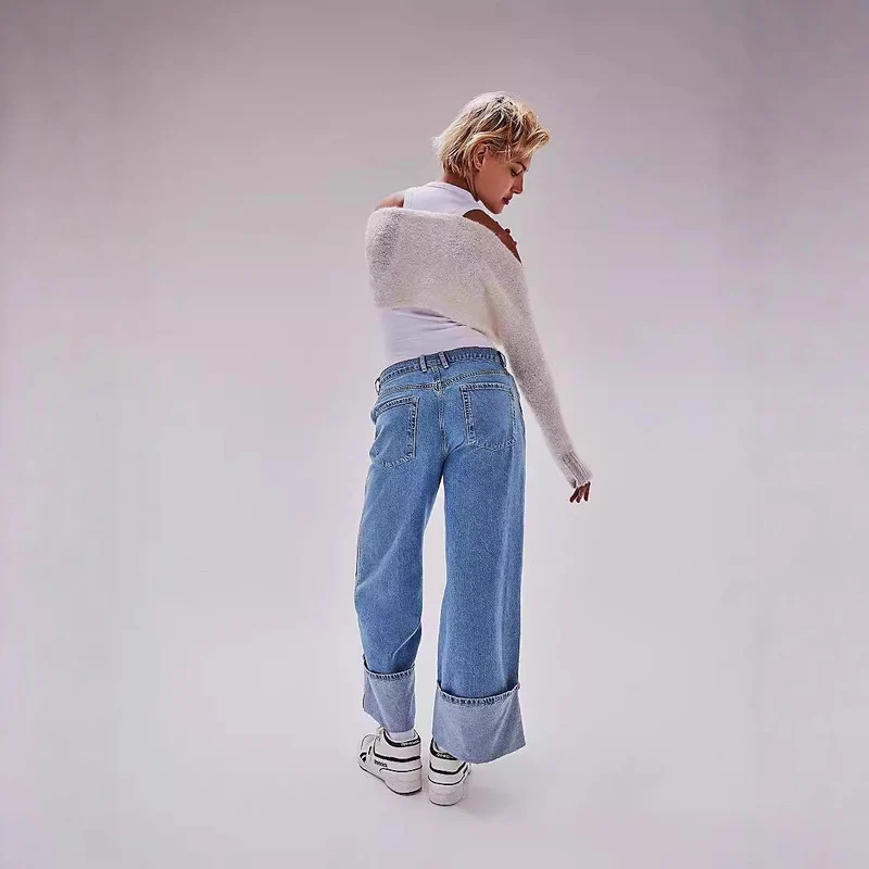 Damen Weite Jeans mit umgeschlagenem Saum